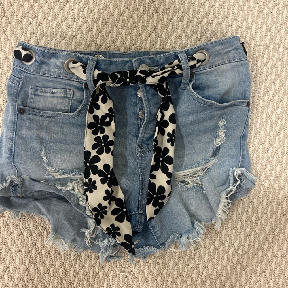 Altar'd State Blue Distressed Jean Shorts with Black Floral Belt